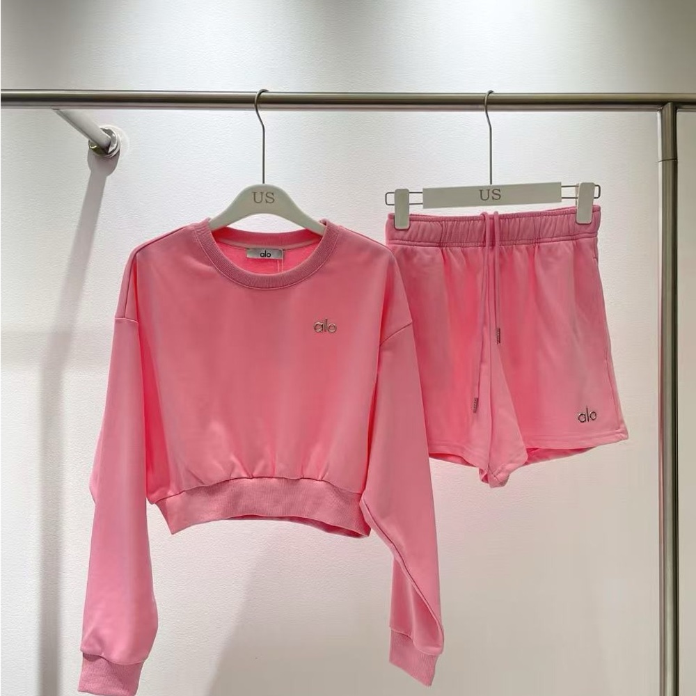 alo Pink Cropped Sweatshirt & Shorts Set